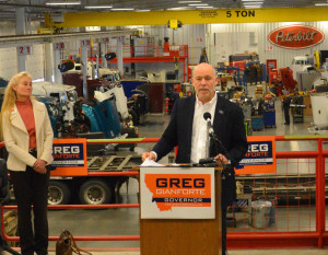Greg Gianforte announces his candidacy for Montana governor on Wednesday at Peterbilt in Lockwood. The Bozeman Republican thanked his wife, Susan, at left, for her support at the beginning of his speech. (Jonathan McNiven photo) 
