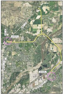 The yellow line in the illustration shows the intended route of the Billings Bypass, which could begin construction in 2019. (Courtesy image) 